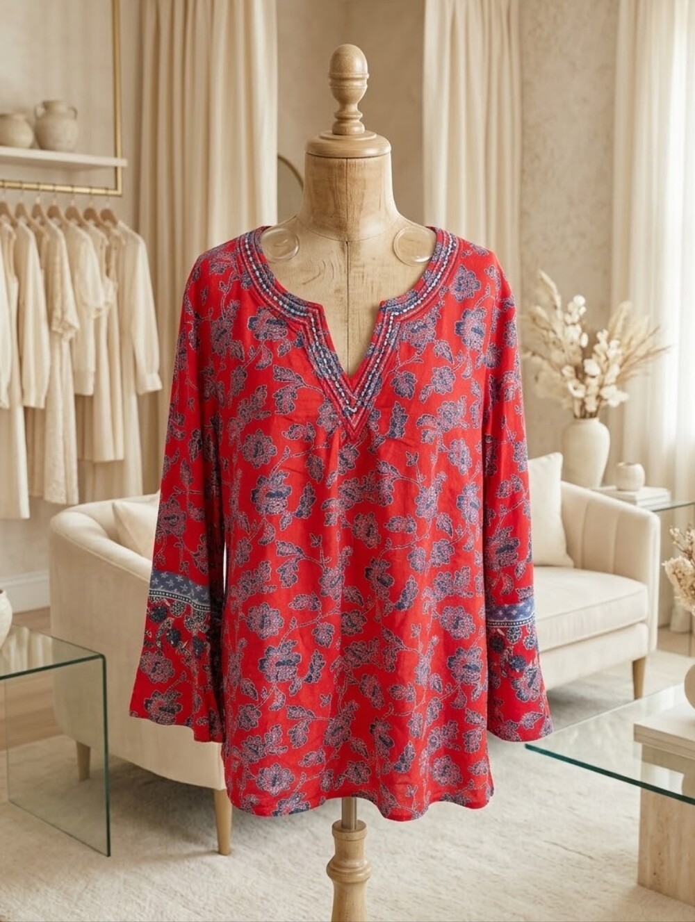 New Direction XL Red White & Blue Floral Oversized Blouse